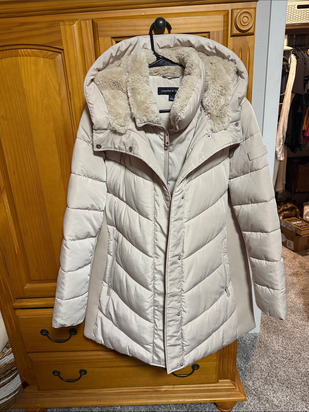 Andrew Marc Cream Quilted Hooded Puffer Coat with Faux Fur Trim